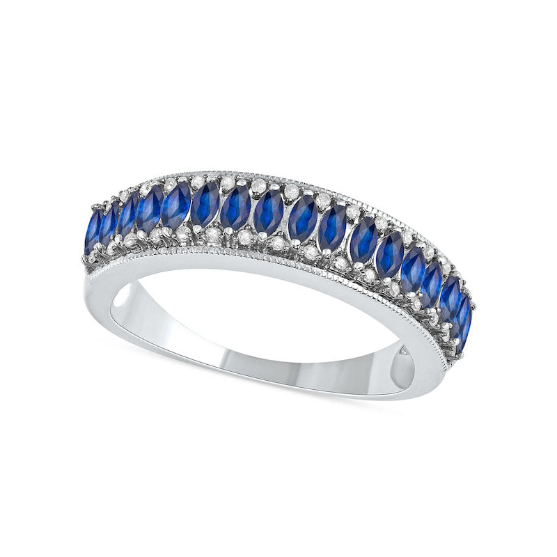 Image of ID 1 Marquise Blue Sapphire and 010 CT TW Natural Diamond Border Triple Row Antique Vintage-Style Ring in Solid 10K White Gold