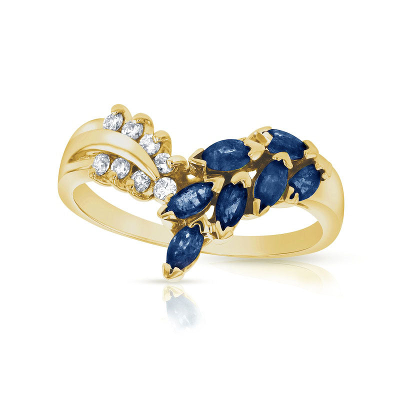 Image of ID 1 Marquise Blue Sapphire and 010 CT TW Natural Diamond Leaf Branch Chevron Ring in Solid 14K Gold