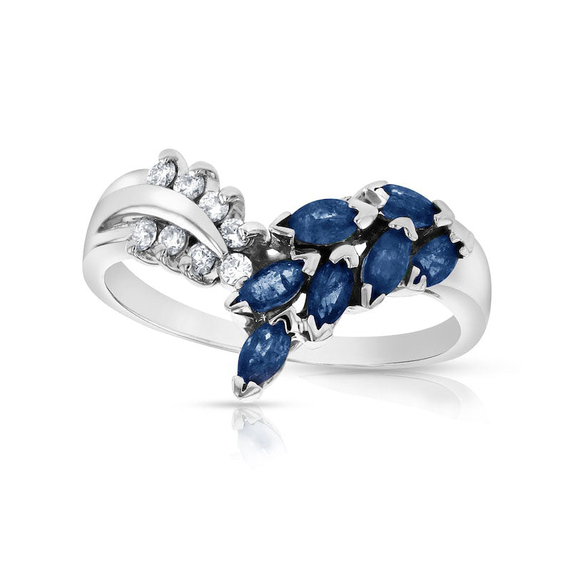 Image of ID 1 Marquise Blue Sapphire and 010 CT TW Natural Diamond Leaf Branch Chevron Ring in Solid 14K White Gold