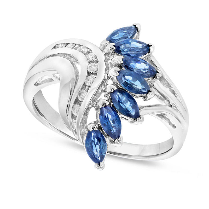 Image of ID 1 Marquise Blue Sapphire and 010 CT TW Natural Diamond Seven Stone Ring in Solid 14K White Gold