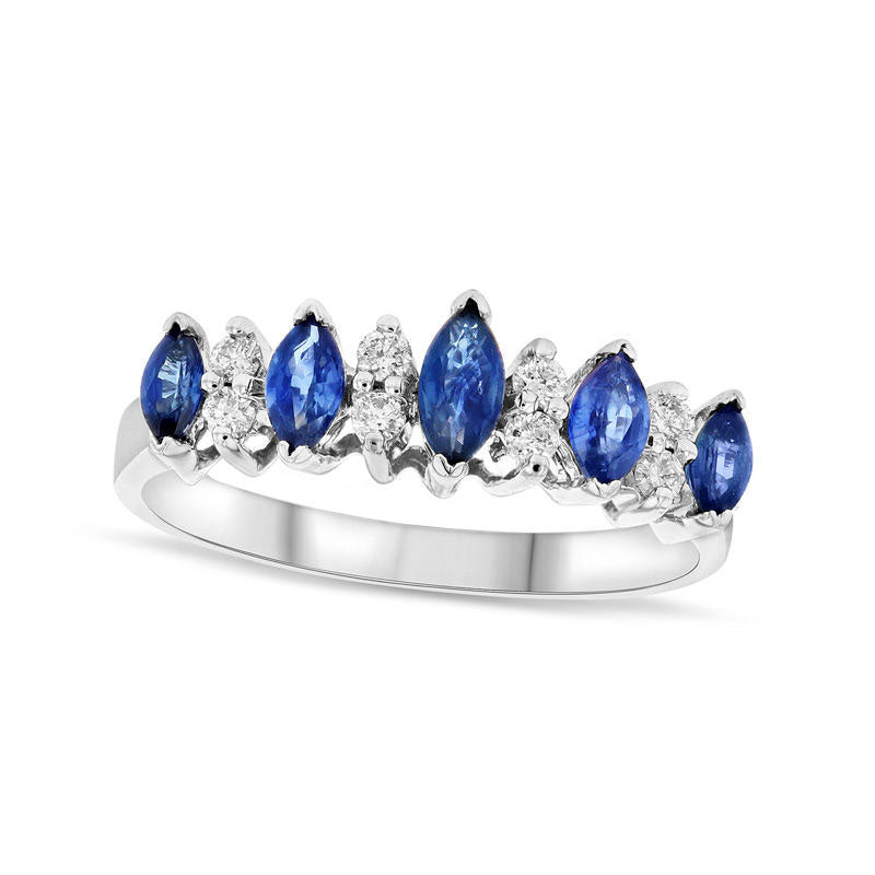 Image of ID 1 Marquise Blue Sapphire and 013 CT TW Natural Diamond Nine Stone Illusion Ring in Solid 14K White Gold