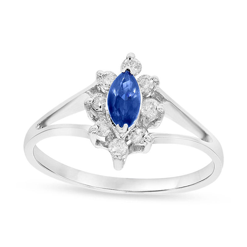 Image of ID 1 Marquise Blue Sapphire and 017 CT TW Natural Diamond Frame Split Shank Ring in Solid 14K White Gold