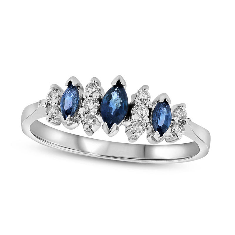 Image of ID 1 Marquise Blue Sapphire and 017 CT TW Natural Diamond Seven Stone Illusion Ring in Solid 14K White Gold