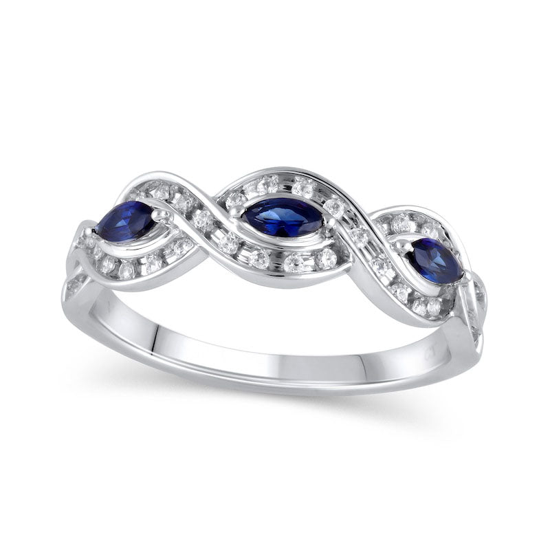 Image of ID 1 Marquise Blue Sapphire and 020 CT TW Natural Diamond Channel-Set Twist Frame Three Stone Split Shank Ring in Solid 10K White Gold