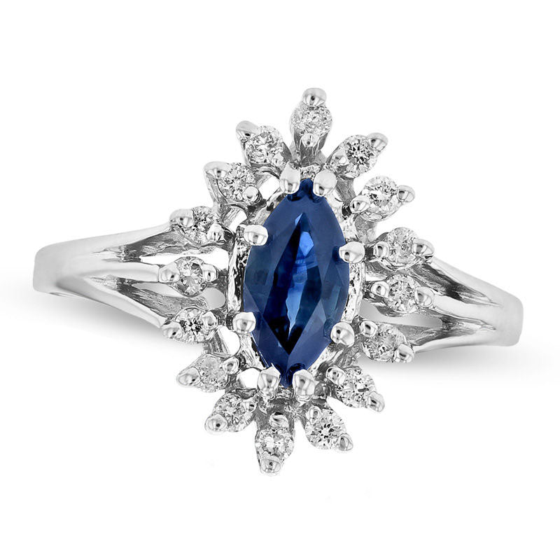 Image of ID 1 Marquise Blue Sapphire and 020 CT TW Natural Diamond Sunburst Frame Split Shank Ring in Solid 14K White Gold