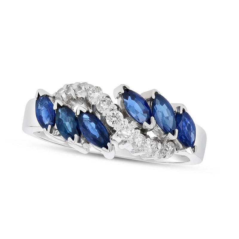 Image of ID 1 Marquise Blue Sapphire and 025 CT TW Natural Diamond Slant Ring in Solid 14K White Gold