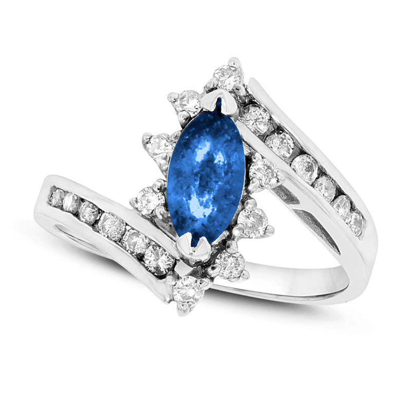Image of ID 1 Marquise Blue Sapphire and 033 CT TW Natural Diamond Starburst Frame Bypass Ring in Solid 14K White Gold