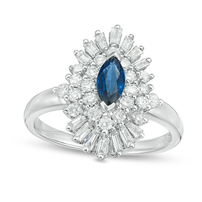 Image of ID 1 Marquise Blue Sapphire and 075 CT TW Natural Diamond Starburst Frame Ring in Solid 14K White Gold