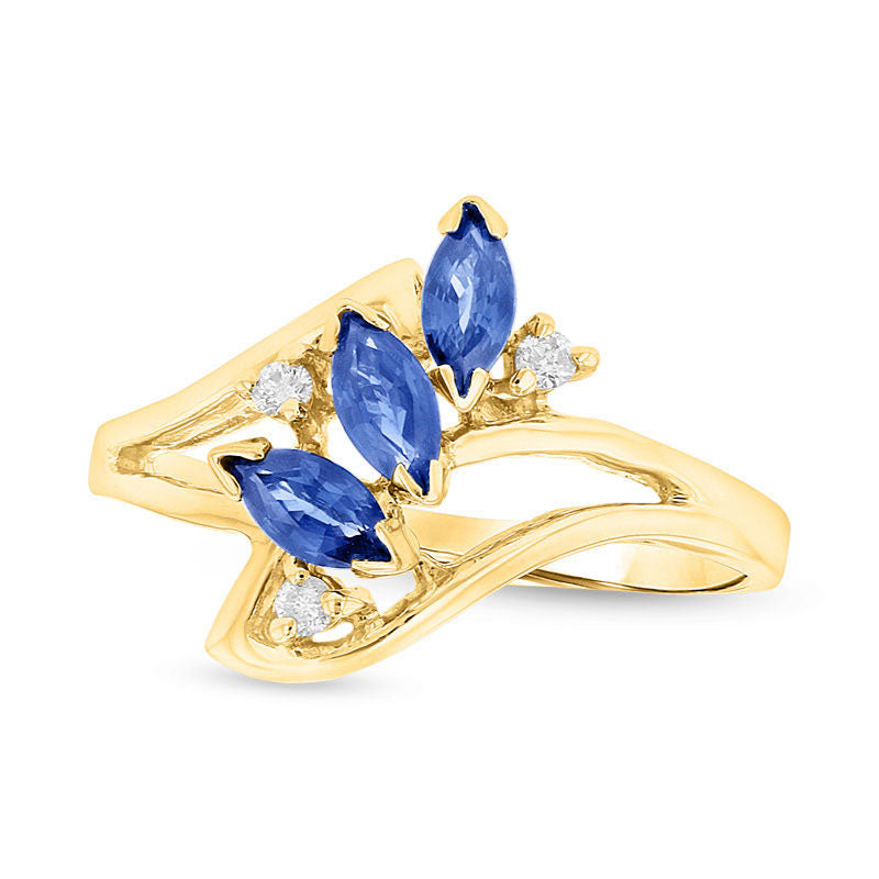 Image of ID 1 Marquise Blue Sapphire and Natural Diamond Accent Three Stone Bypass Ring in Solid 14K Gold