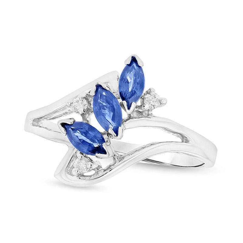 Image of ID 1 Marquise Blue Sapphire and Natural Diamond Accent Three Stone Bypass Ring in Solid 14K White Gold
