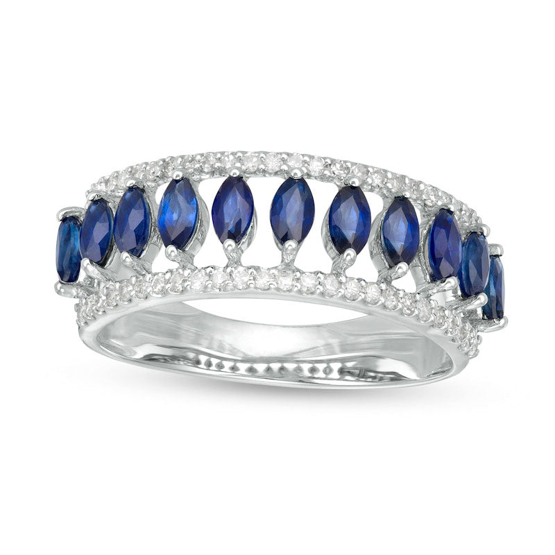 Image of ID 1 Marquise Blue Sapphire and White Topaz Border Triple Row Open Shank Ring in Solid 10K White Gold