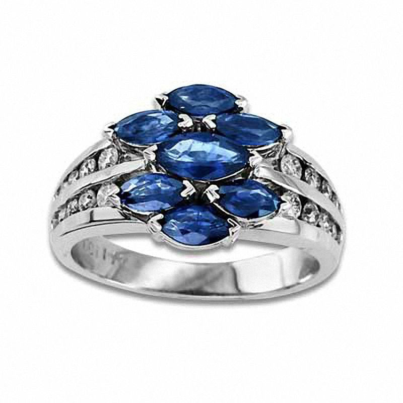 Image of ID 1 Marquise-Cut Blue Sapphire and 033 CT TW Natural Diamond Ring in Solid 14K White Gold
