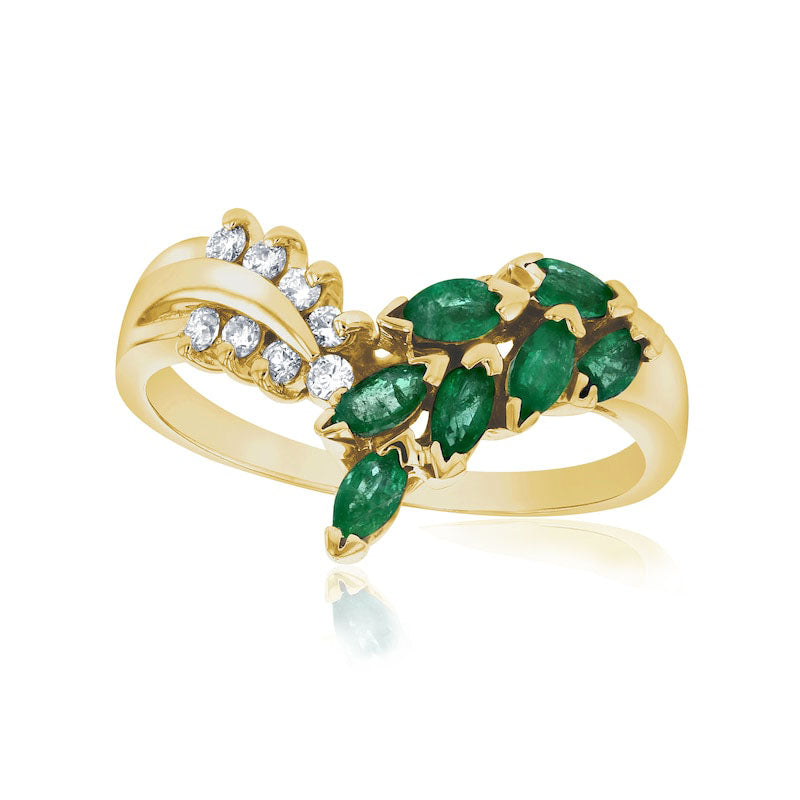 Image of ID 1 Marquise Emerald and 010 CT TW Natural Diamond Leaf Branch Chevron Ring in Solid 14K Gold