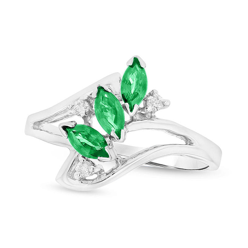 Image of ID 1 Marquise Emerald and Natural Diamond Accent Three Stone Bypass Ring in Solid 14K White Gold