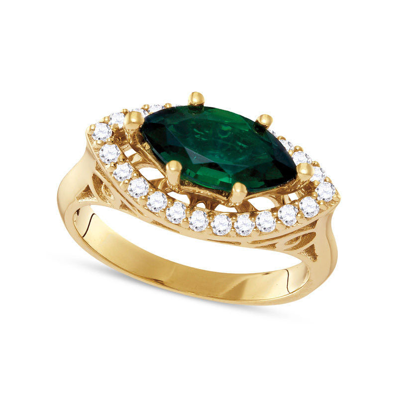 Image of ID 1 Marquise Lab-Created Emerald and 033 CT TW Diamond Frame Ring in Solid 10K Yellow Gold