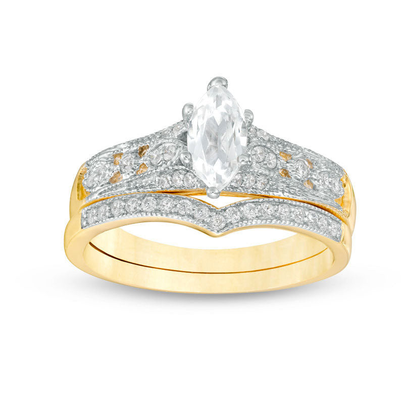 Image of ID 1 Marquise Lab-Created White Sapphire and 013 CT TW Diamond Antique Vintage-Style Bridal Engagement Ring Set in Solid 10K Yellow Gold