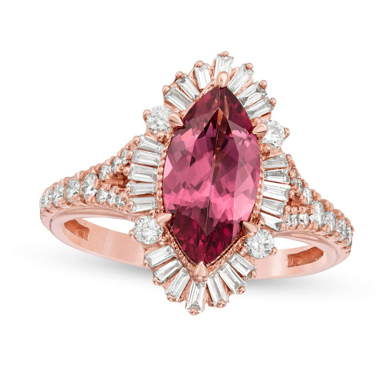 Image of ID 1 Marquise Rhodolite and 063 CT TW Natural Diamond Sunburst Frame Ring in Solid 10K Rose Gold