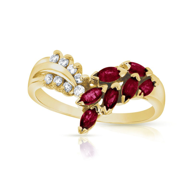 Image of ID 1 Marquise Ruby and 010 CT TW Natural Diamond Leaf Branch Chevron Ring in Solid 14K Gold