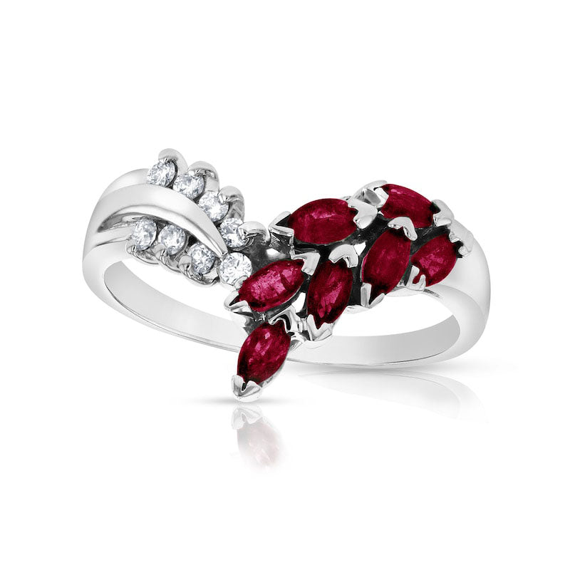 Image of ID 1 Marquise Ruby and 010 CT TW Natural Diamond Leaf Branch Chevron Ring in Solid 14K White Gold
