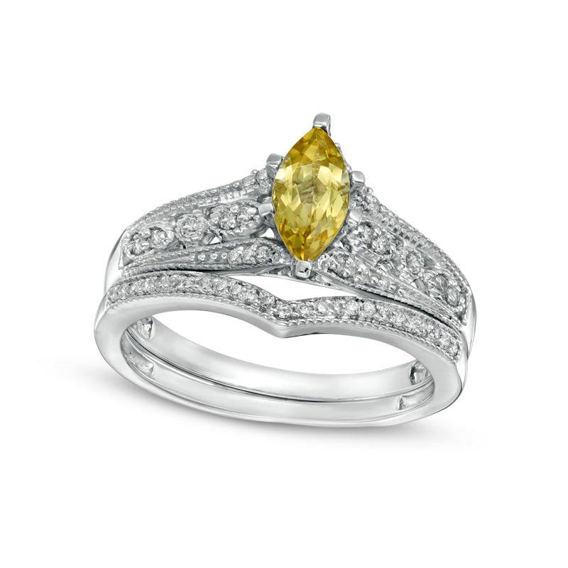 Image of ID 1 Marquise Yellow Beryl and 020 CT TW Natural Diamond Antique Vintage-Style Bridal Engagement Ring Set in Solid 10K White Gold