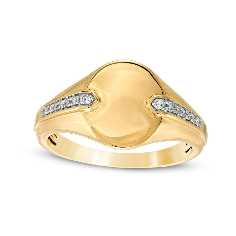 Image of ID 1 Men's 010 CT TW Natural Diamond Chevron Shank Overlay Oval Signet Ring in Solid 10K Yellow Gold