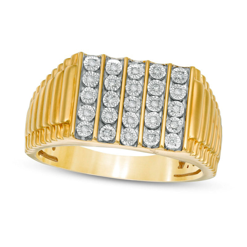 Image of ID 1 Men's 010 CT TW Natural Diamond Rectangle-Top Vertical Five Row Ring in Solid 10K Yellow Gold
