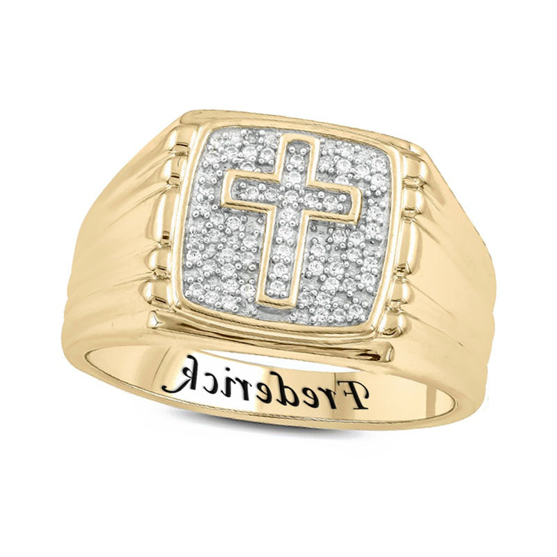 Image of ID 1 Men's 017 CT TW Natural Diamond Cross Engravable Signet Ring in Solid 10K Yellow Gold (1 Line)