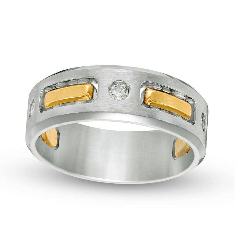 Image of ID 1 Men's 017 CT TW Natural Diamond Three Stone Striped Wedding Band in Solid 10K Two-Tone Gold