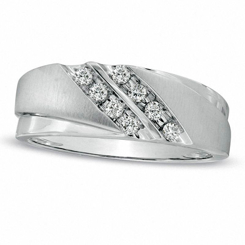 Image of ID 1 Men's 020 CT TW Natural Diamond Grooved Wedding Band in Solid 10K White Gold