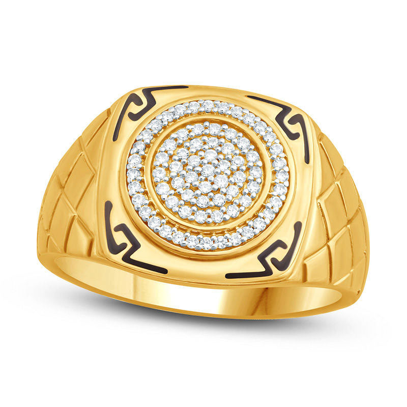 Image of ID 1 Men's 025 CT TW Composite Natural Diamond and Enamel Aztec Design Square Signet Ring in Solid 10K Yellow Gold