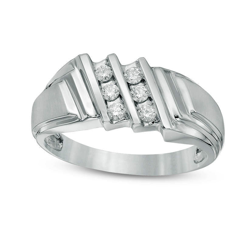 Image of ID 1 Men's 025 CT TW Natural Diamond Slanted Double Row Stepped Shank Ring in Solid 10K White Gold