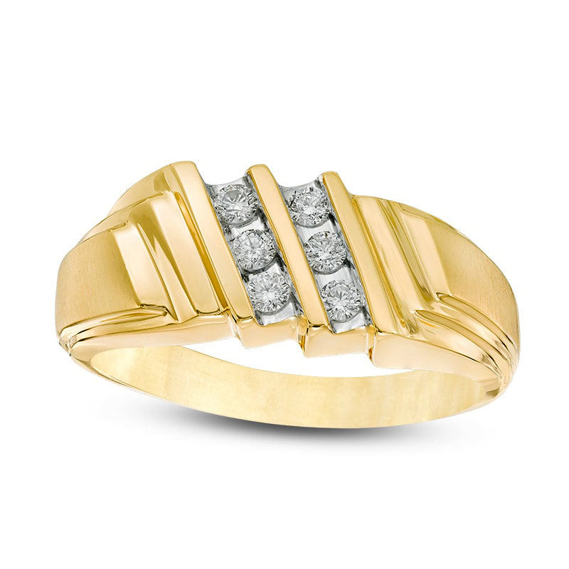 Image of ID 1 Men's 025 CT TW Natural Diamond Slanted Double Row Stepped Shank Ring in Solid 10K Yellow Gold