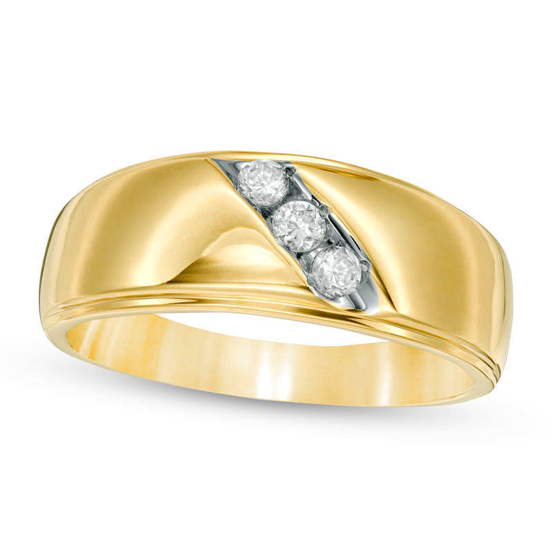 Image of ID 1 Men's 025 CT TW Natural Diamond Three Stone Slant Band in Solid 10K Yellow Gold - Size 10