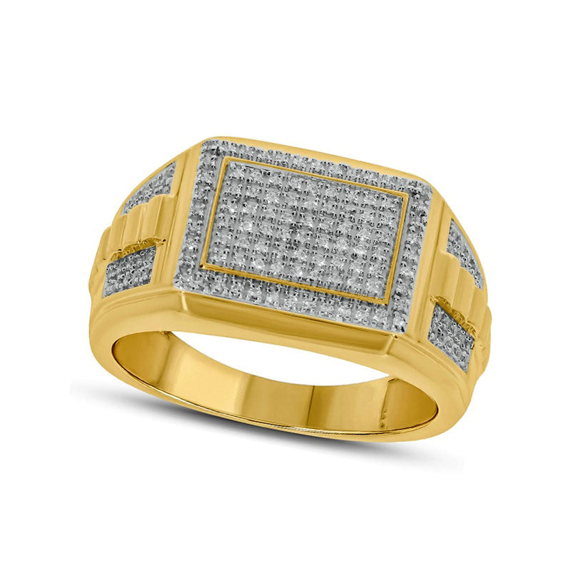 Image of ID 1 Men's 033 CT TW Composite Natural Diamond Frame Rectangle-Top Ribbed Shank Ring in Solid 10K Yellow Gold