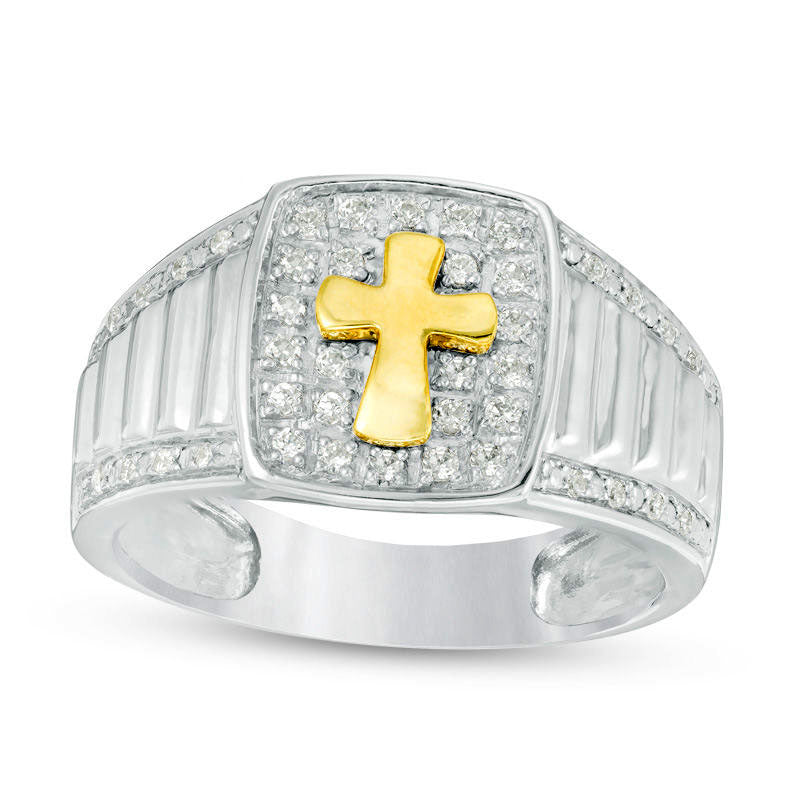 Image of ID 1 Men's 033 CT TW Natural Diamond Cross Signet Ring in Solid 10K Two-Tone Gold