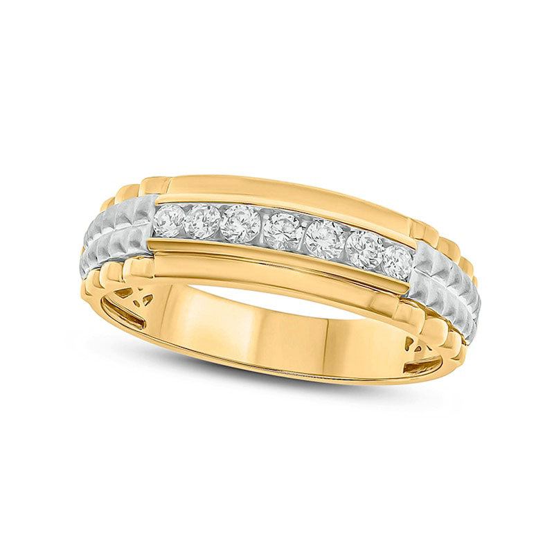 Image of ID 1 Men's 033 CT TW Natural Diamond Ribbed Shank Wedding Band in Solid 10K Two-Tone Gold