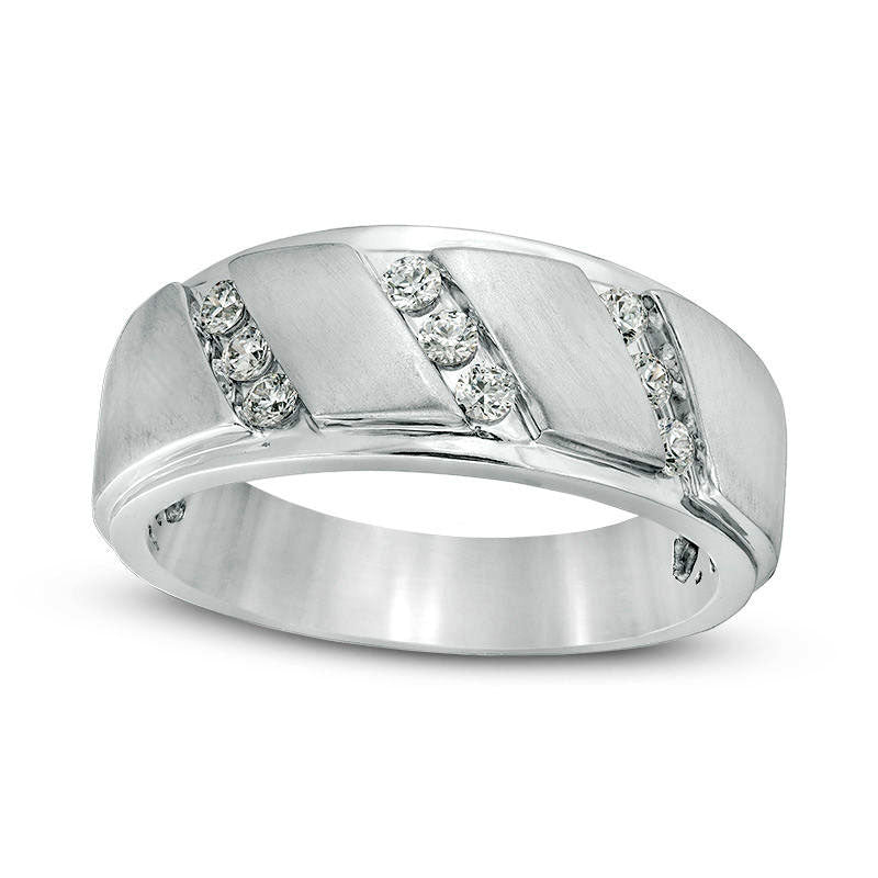 Image of ID 1 Men's 033 CT TW Natural Diamond Triple Row Slant Bevelled Edge Multi-Finish Band in Solid 10K White Gold