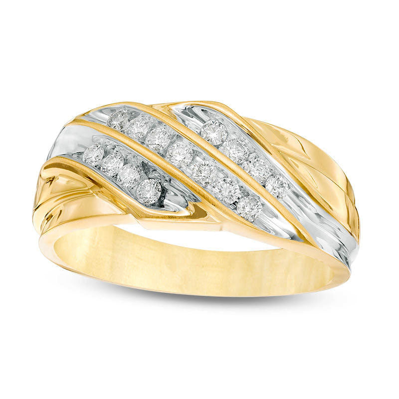 Image of ID 1 Men's 038 CT TW Natural Diamond Slanted Three Row Ring in Solid 10K Two-Tone Gold