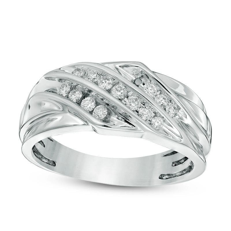 Image of ID 1 Men's 038 CT TW Natural Diamond Slanted Three Row Ring in Solid 10K White Gold