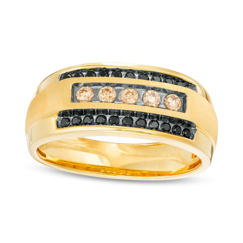 Image of ID 1 Men's 050 CT TW Black Enhanced and Champagne Natural Diamond Triple Row Ring in Solid 10K Yellow Gold