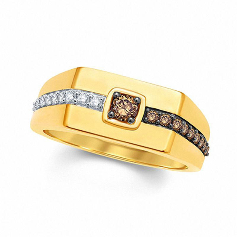 Image of ID 1 Men's 050 CT TW Champagne and White Natural Diamond Ring in Solid 10K Yellow Gold