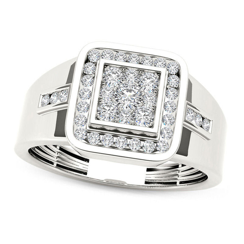 Image of ID 1 Men's 050 CT TW Composite Natural Diamond Square Frame Signet Ring in Solid 14K White Gold