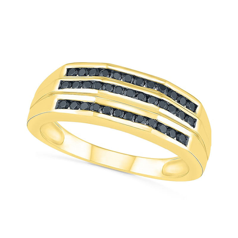 Image of ID 1 Men's 050 CT TW Enhanced Black Natural Diamond Triple Row Wedding Band in Solid 10K Yellow Gold