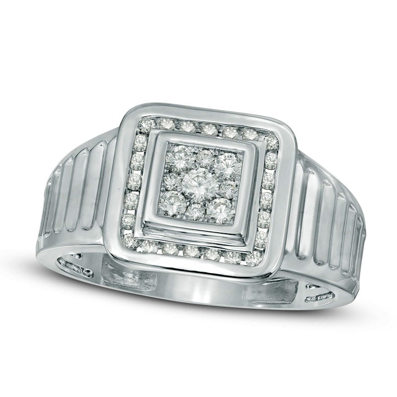 Image of ID 1 Men's 050 CT TW Natural Diamond Square Frame Ribbed Ring in Solid 10K White Gold