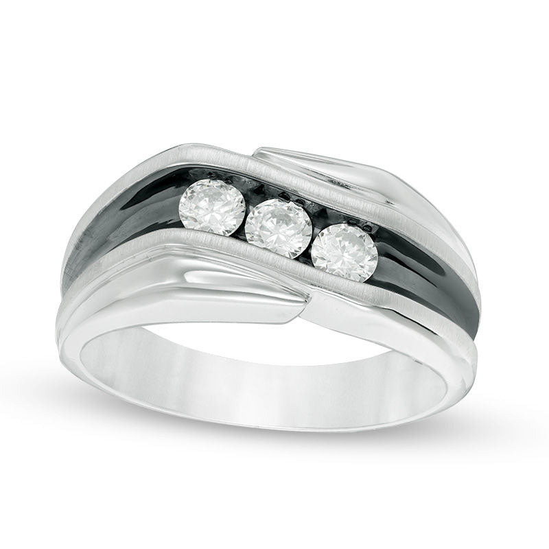 Image of ID 1 Men's 050 CT TW Natural Diamond Three Stone Slant Wedding Band in Solid 10K White Gold and Black Rhodium