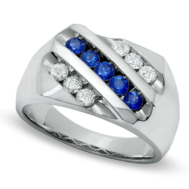 Image of ID 1 Men's 050 CT TW Natural Diamond and Blue Sapphire Slant Band in Solid 14K White Gold