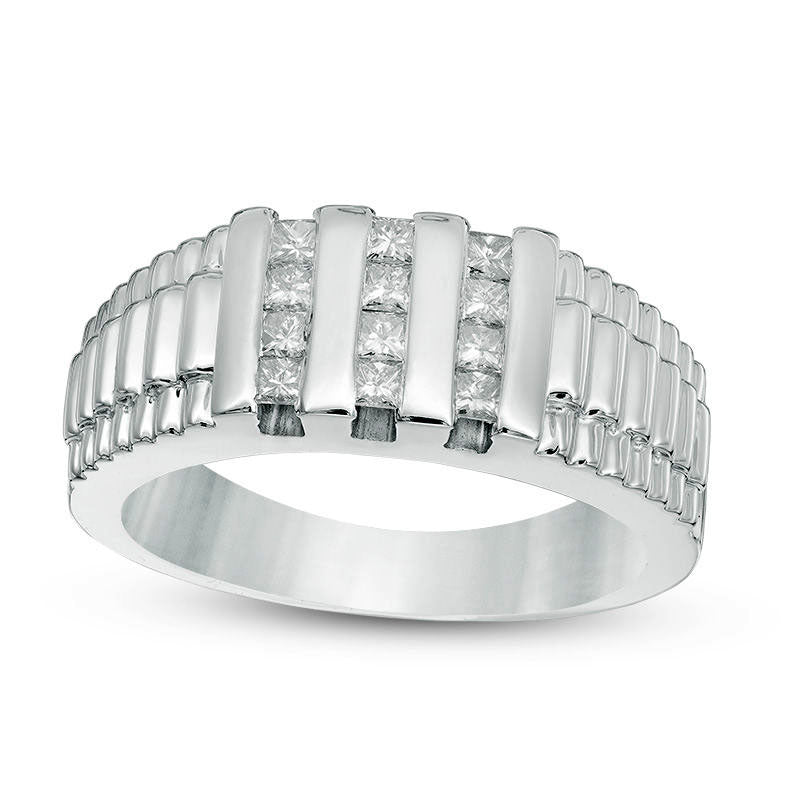 Image of ID 1 Men's 050 CT TW Square Natural Diamond Vertical Three Row Stepped Shank Ring in Solid 14K White Gold