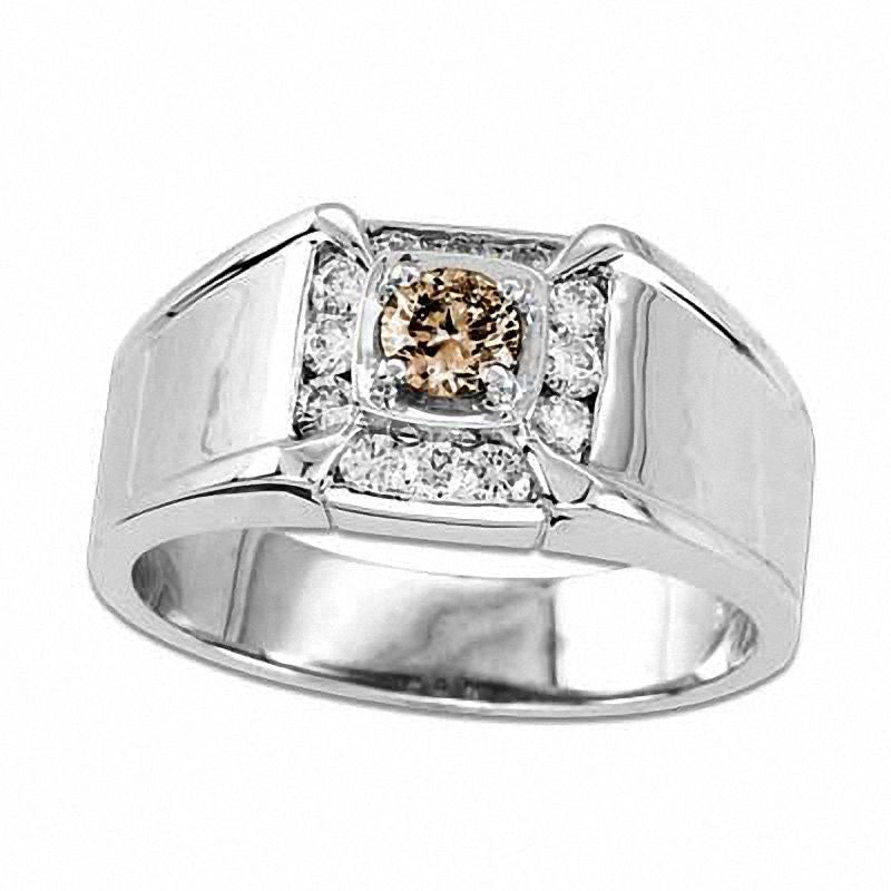 Image of ID 1 Men's 063 CT TW Enhanced Champagne and White Natural Diamond Ring in Solid 14K White Gold