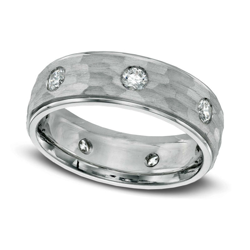 Image of ID 1 Men's 075 CT TW Natural Diamond Hammered Wedding Band in Solid 14K White Gold