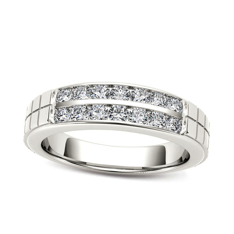 Image of ID 1 Men's 075 CT TW Natural Diamond Two Row Etched Wedding Band in Solid 14K White Gold